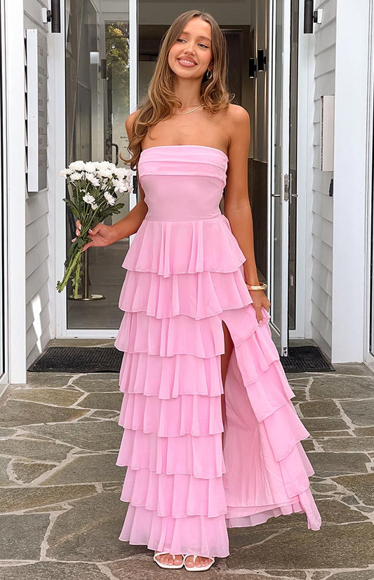 Kim Pink Strapless Ruffle Maxi Dress
