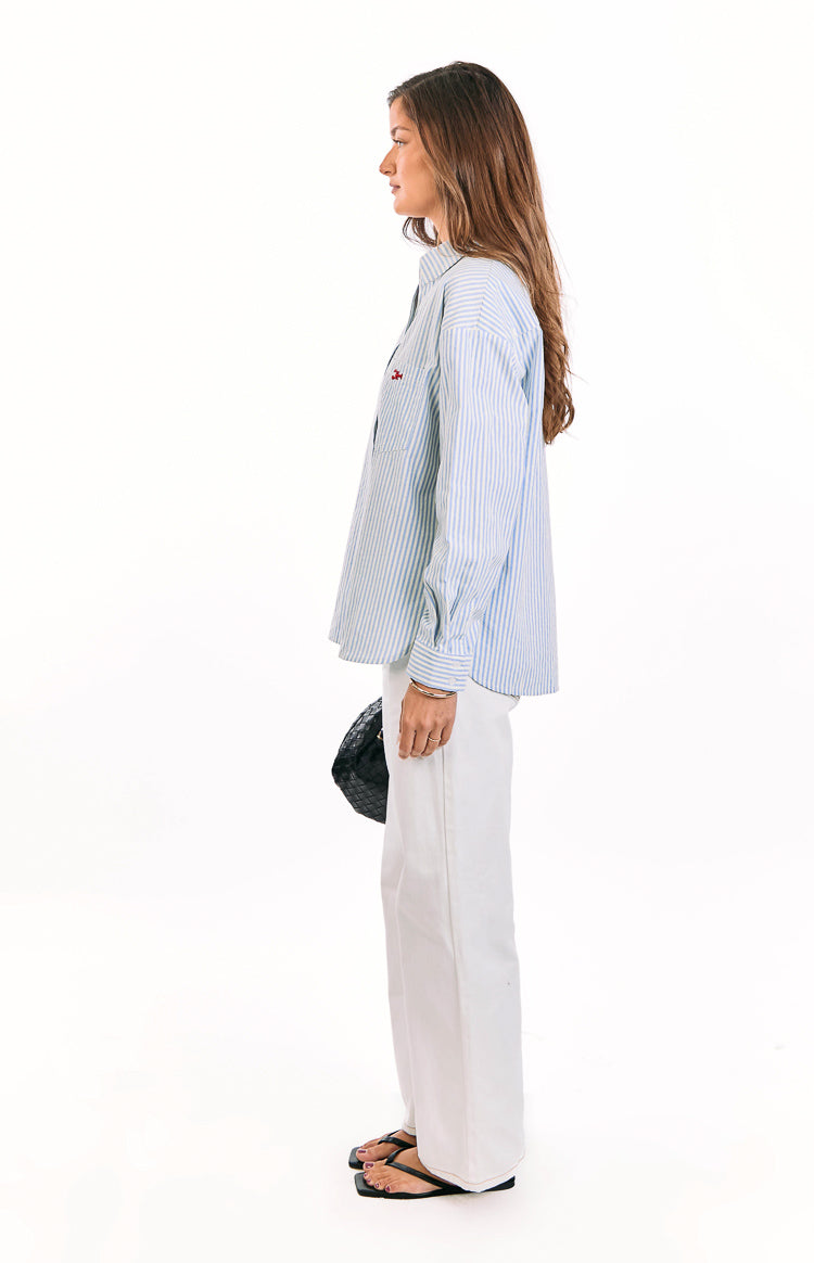 Lola Blue Stripe Embroidered Button Up Shirt