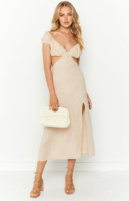 Saisha Beige Off The Shoulder Maxi Dress